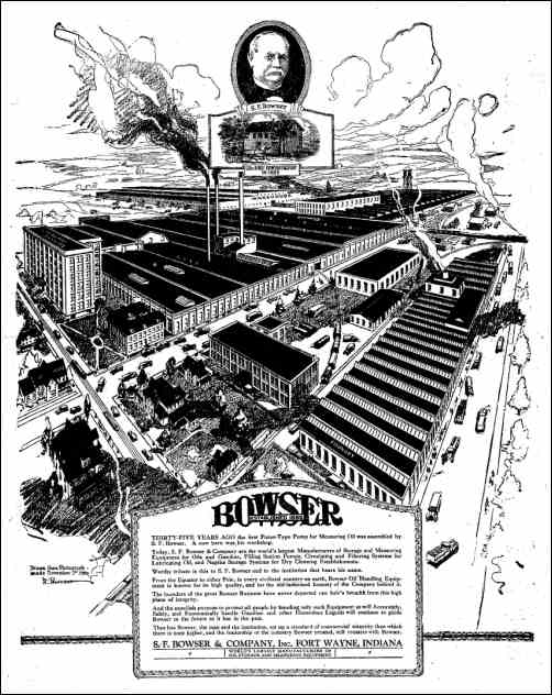 A panoramic view of the Bowser factory in Fort Wayne, Indiana, taken from a newspaper advertisement in 1921