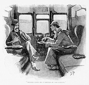 Sherlock Holmes explaining the situation to Dr Watson in a railway carriage