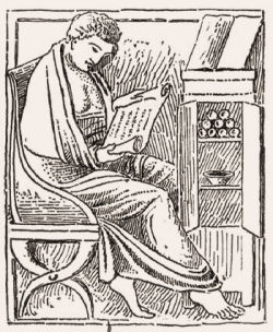 Woodcut of a man reading a scroll