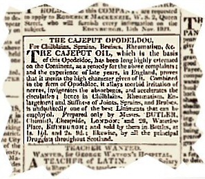 An advertisement for the Cajeput Opodeldoc