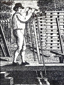 A woodcut of two men pit-sawing