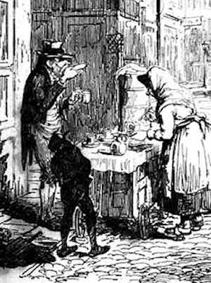 An extract from a George Cruickshank engraving showing a man saucering his tea